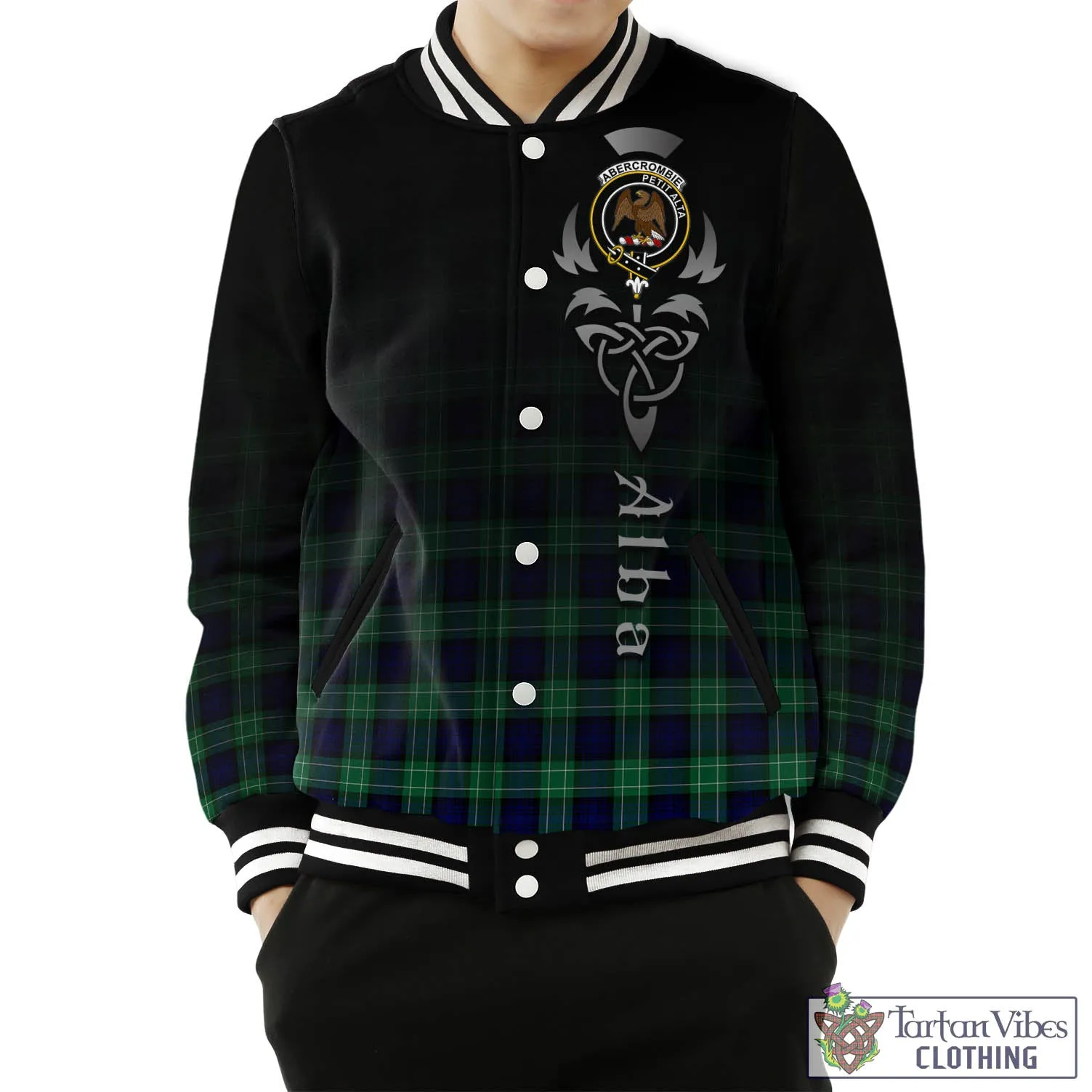 Abercrombie Tartan Baseball Jacket Featuring Alba Gu Brath Family Crest Celtic Inspired
