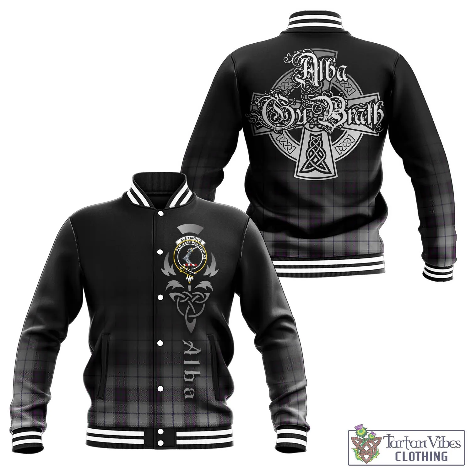Alexander of Menstry Dress Tartan Baseball Jacket Featuring Alba Gu Brath Family Crest Celtic Inspired