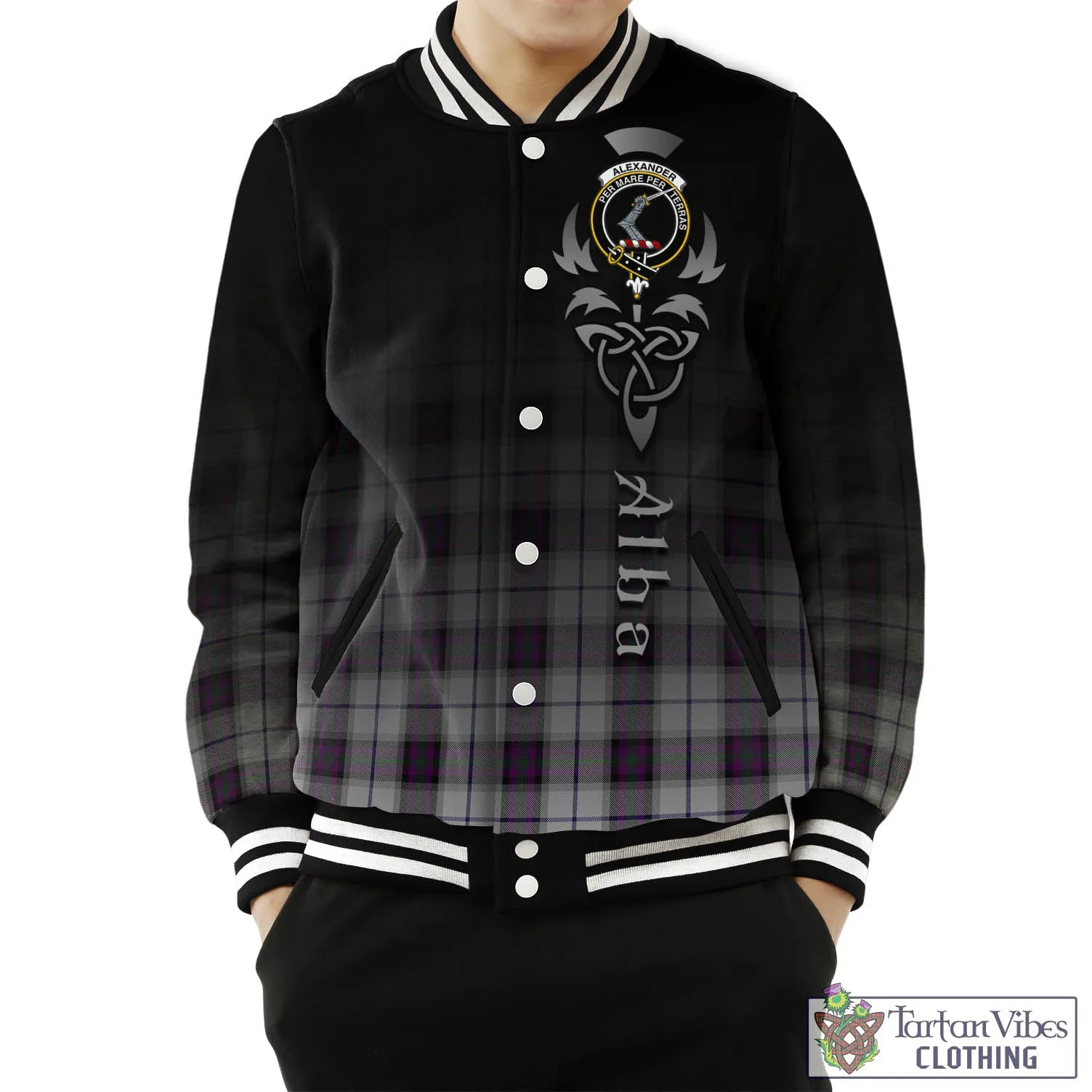 Alexander of Menstry Dress Tartan Baseball Jacket Featuring Alba Gu Brath Family Crest Celtic Inspired