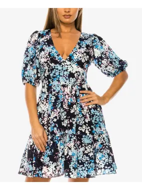 B DARLIN Womens Navy Printed Pouf Sleeve V Neck Above The Knee Party A-Line Dress