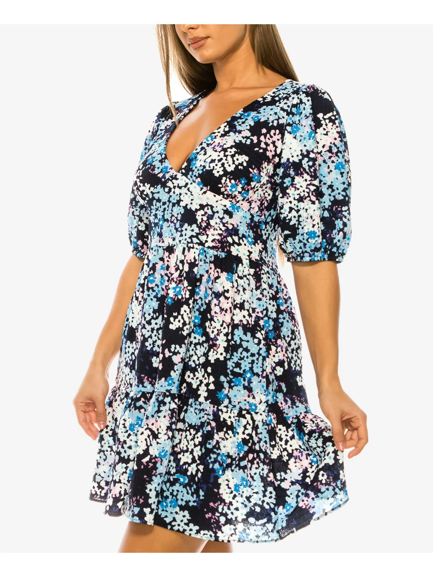 B DARLIN Womens Navy Printed Pouf Sleeve V Neck Above The Knee Party A-Line Dress