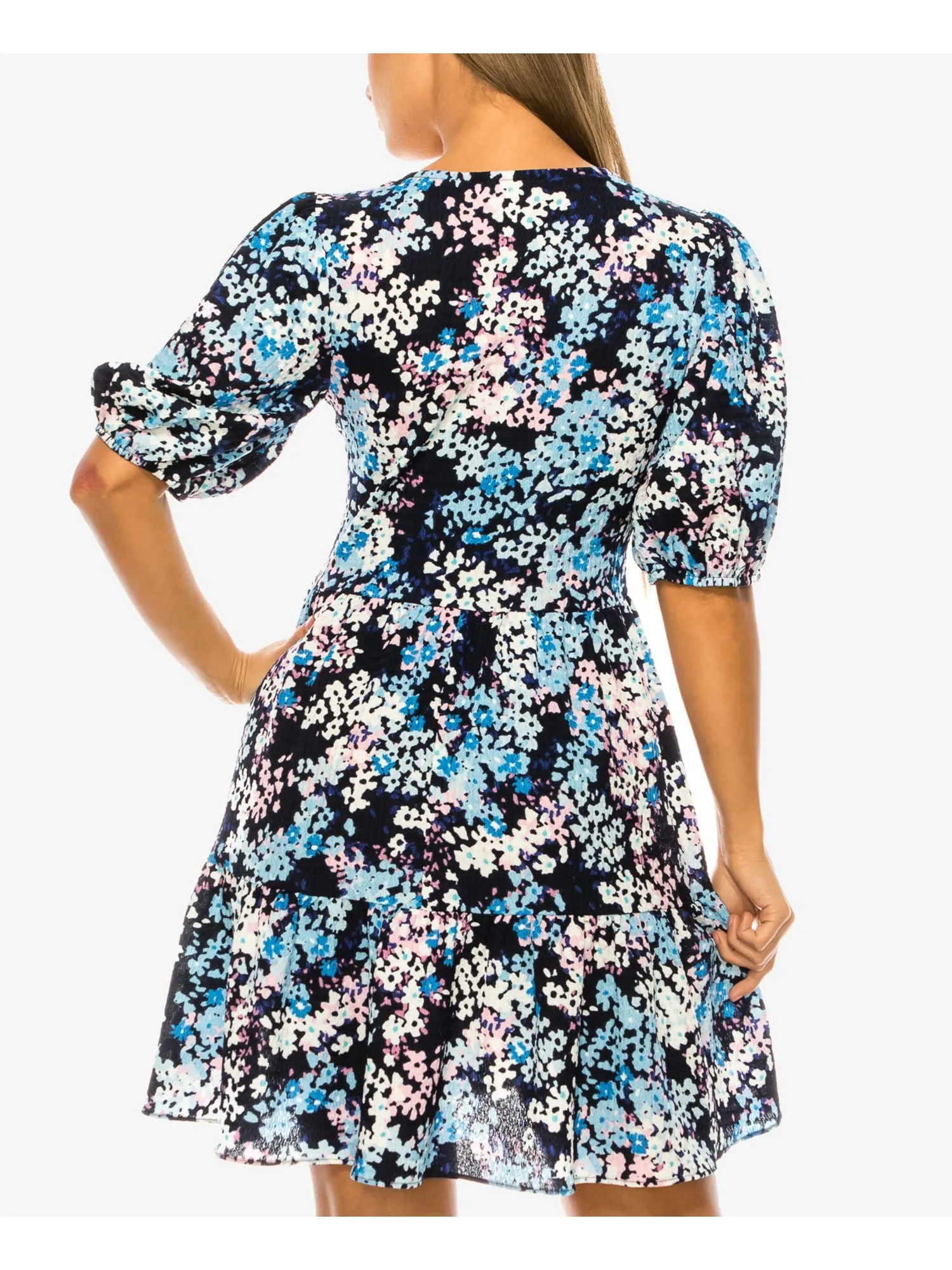 B DARLIN Womens Navy Printed Pouf Sleeve V Neck Above The Knee Party A-Line Dress