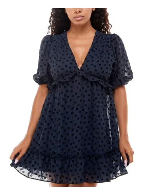 B DARLIN Womens Navy Ruffled Zippered Lined Floral Pouf Sleeve V Neck Mini Party Baby Doll Dress