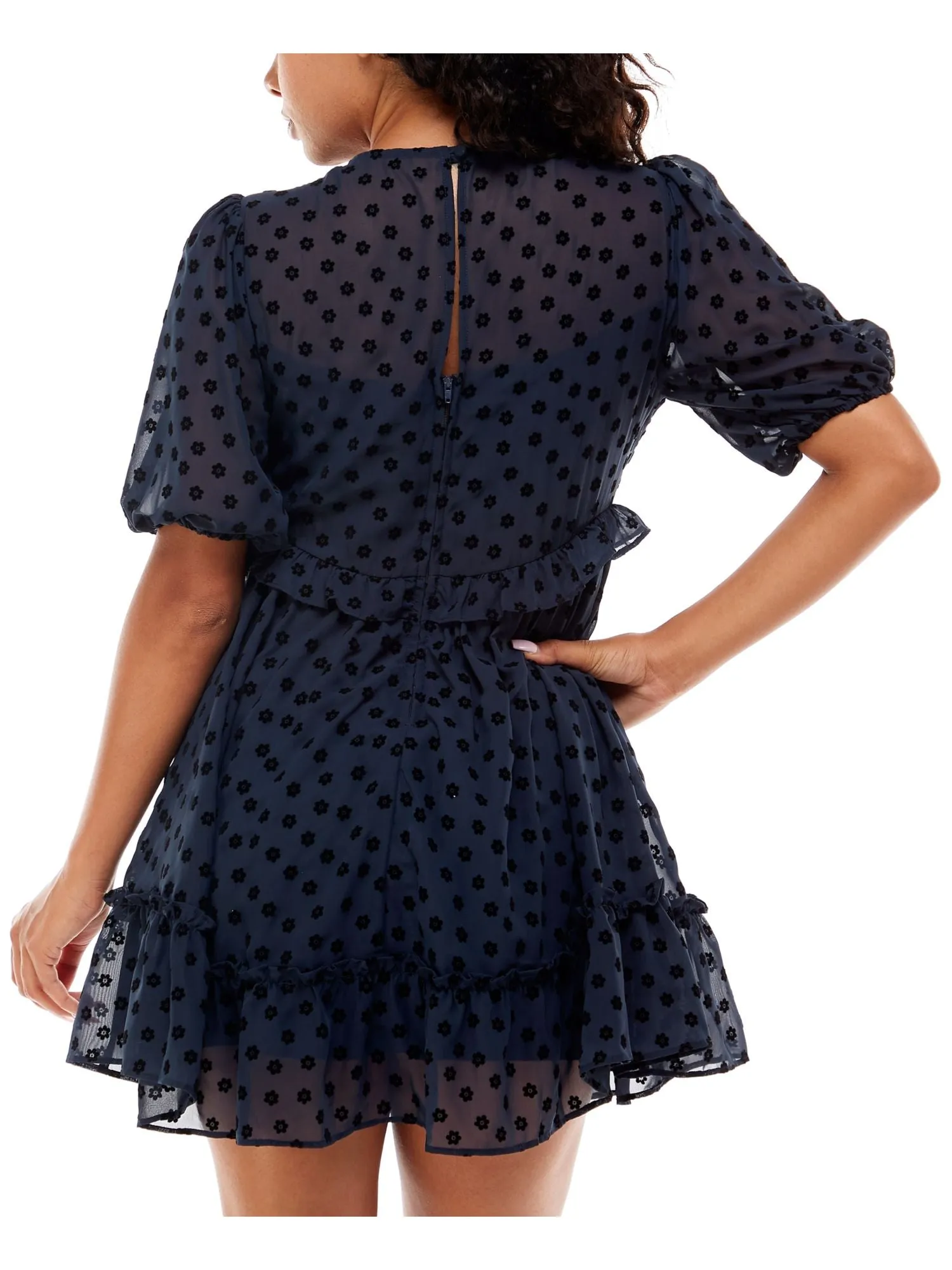 B DARLIN Womens Navy Ruffled Zippered Lined Floral Pouf Sleeve V Neck Mini Party Baby Doll Dress
