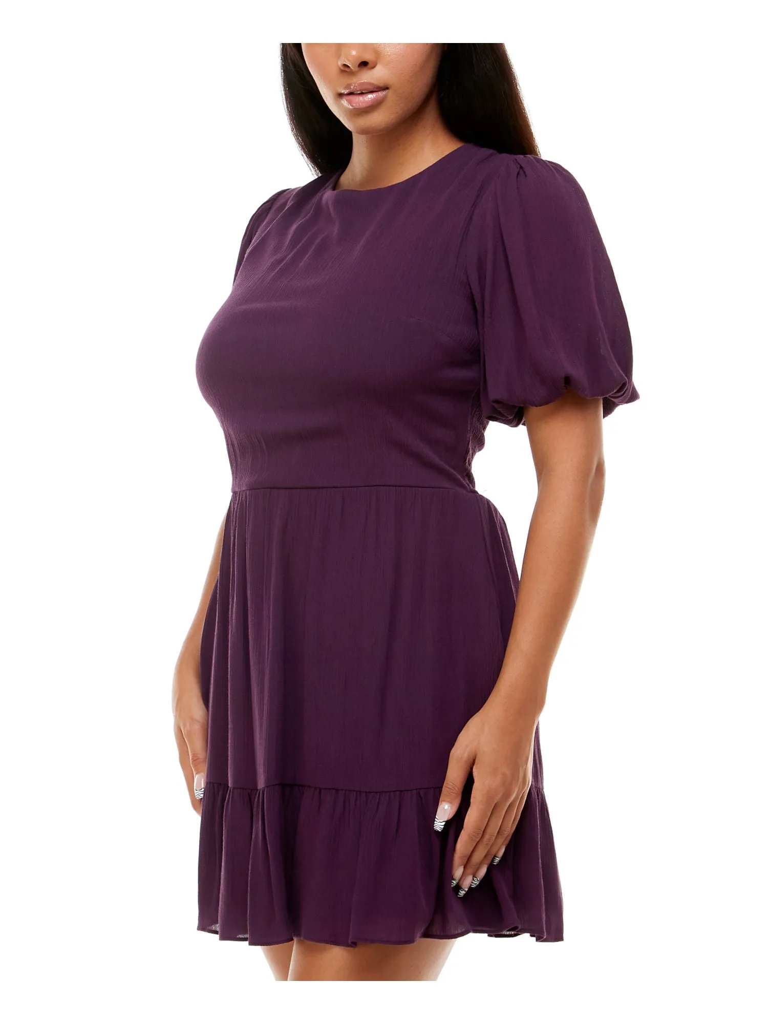 B DARLIN Womens Purple Smocked Ruffled Keyhole Tie Back Lined Pouf Sleeve Jewel Neck Short Fit   Flare Dress