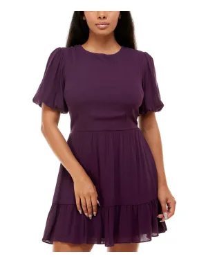 B DARLIN Womens Purple Smocked Ruffled Keyhole Tie Back Lined Pouf Sleeve Jewel Neck Short Fit   Flare Dress
