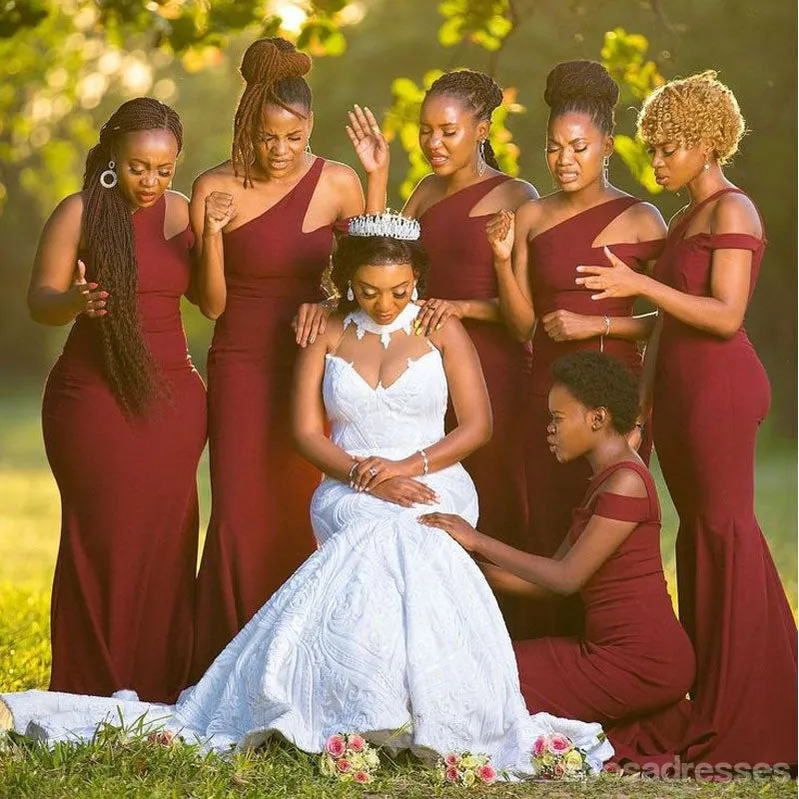 Burgundy Mermaid One Shoulder Cheap Long Bridesmaid Dresses,WG1405