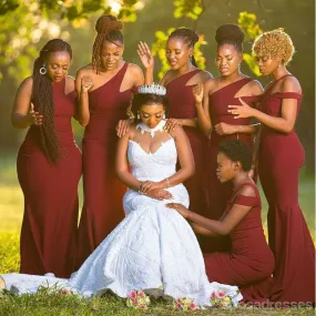 Burgundy Mermaid One Shoulder Cheap Long Bridesmaid Dresses,WG1405