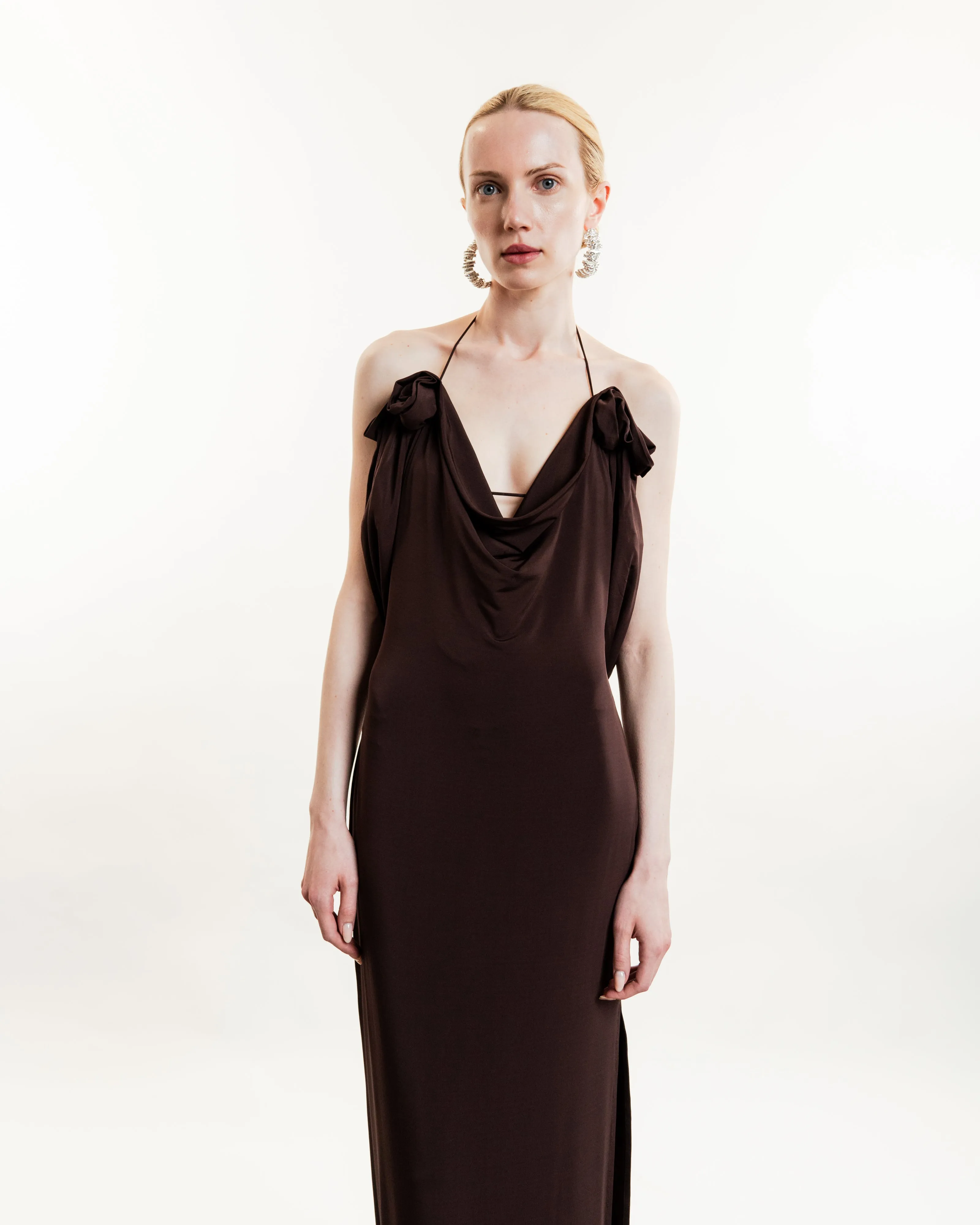 Draped Cowl Neck Midi Dress
