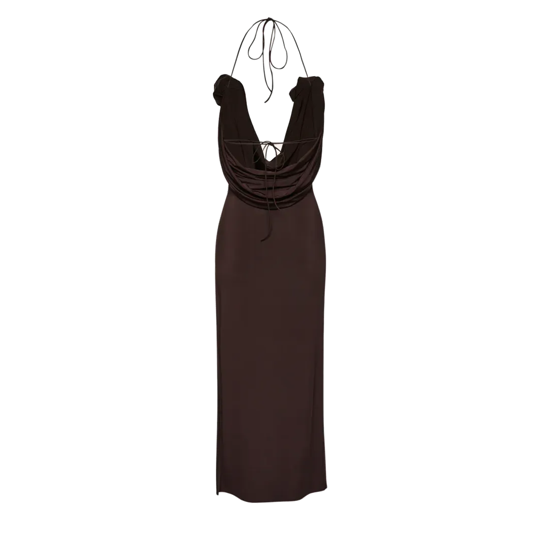 Draped Cowl Neck Midi Dress
