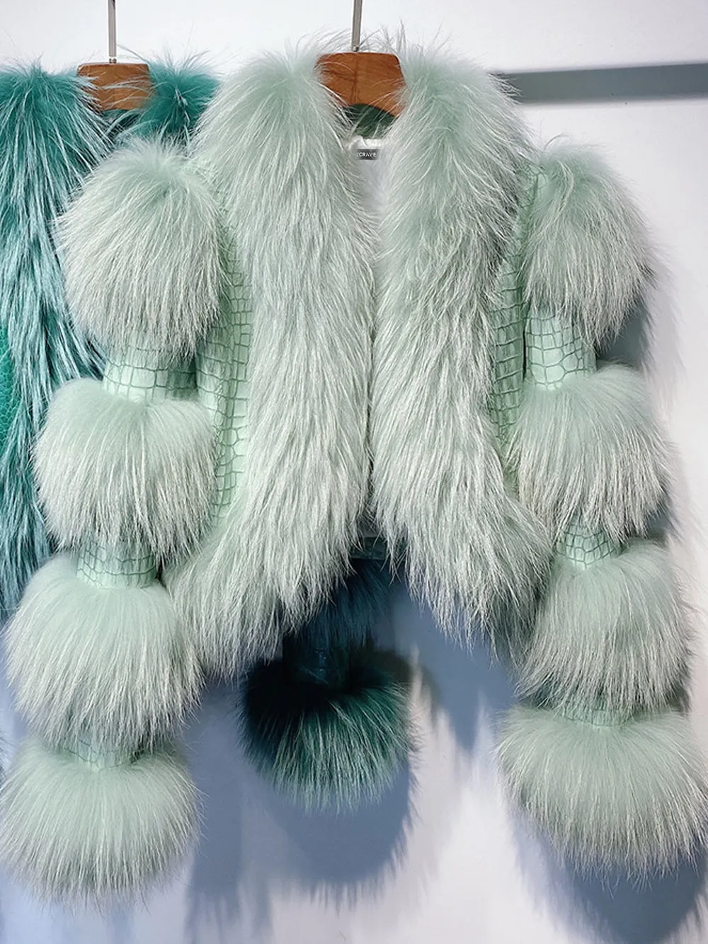 LITALY Fur Trim Leather Jacket in Light Green