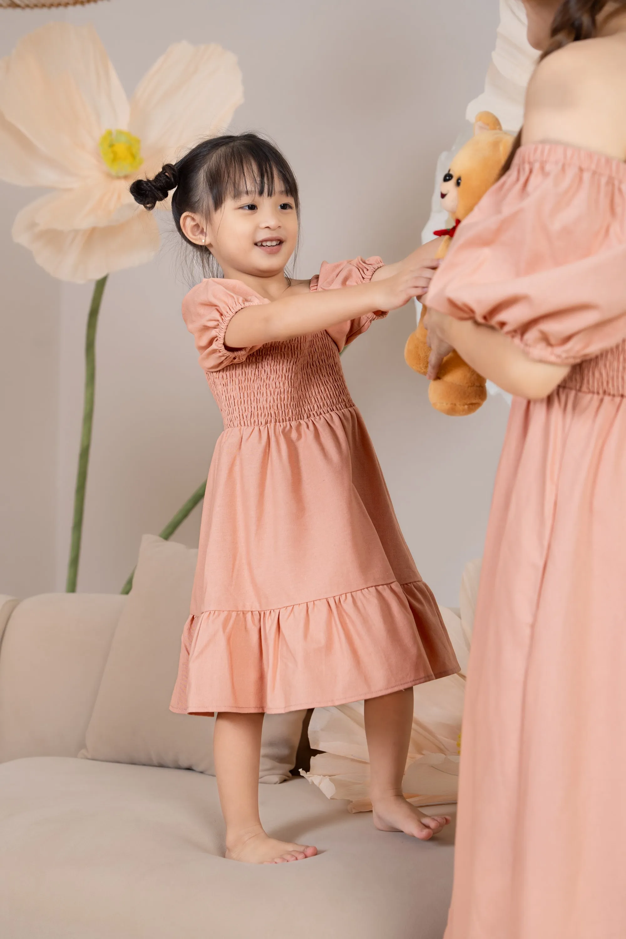 Mini Diana Pouf Sleeves Smocked Drophem Dress in Peach (Kids)