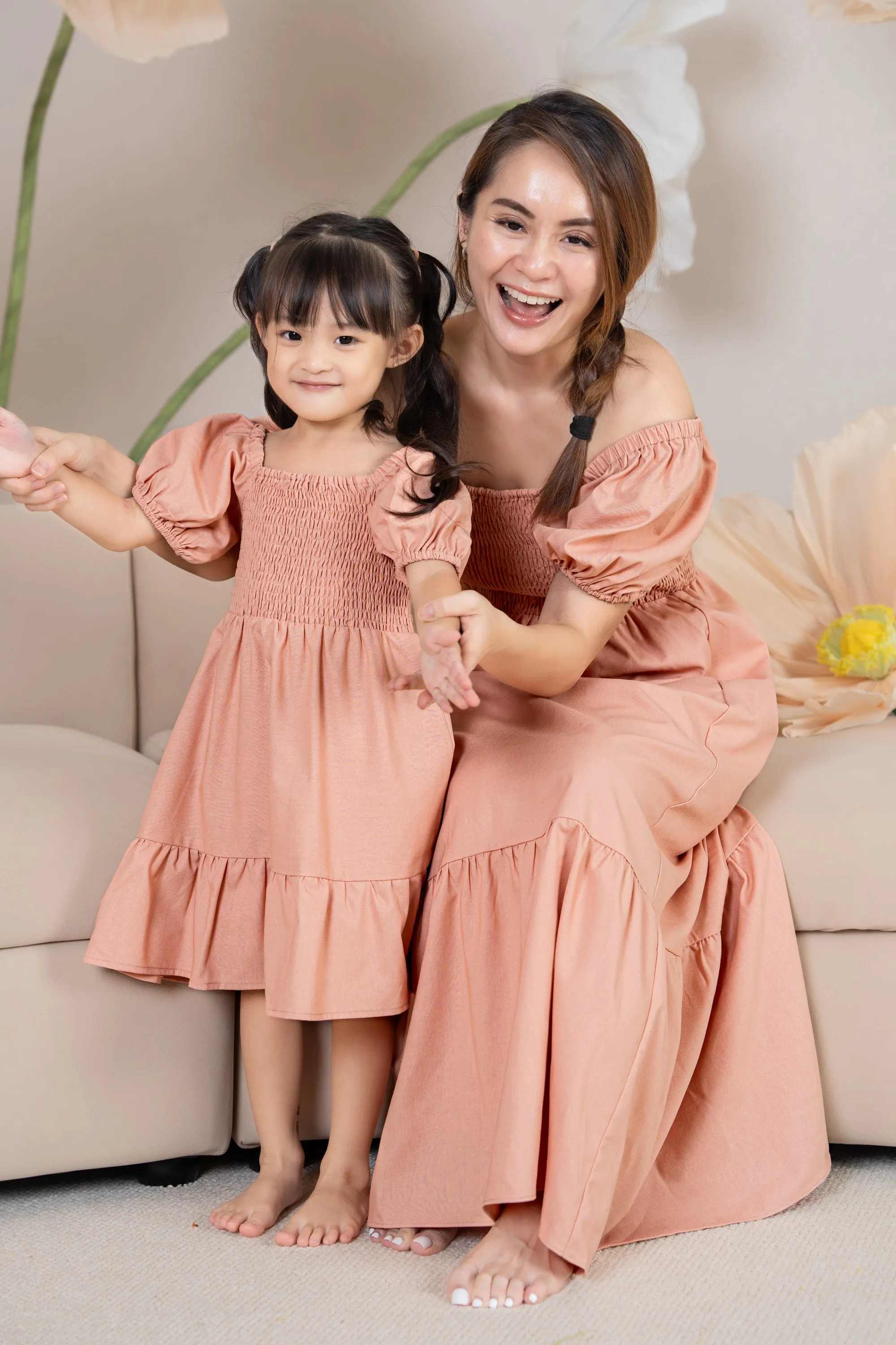 Mini Diana Pouf Sleeves Smocked Drophem Dress in Peach (Kids)