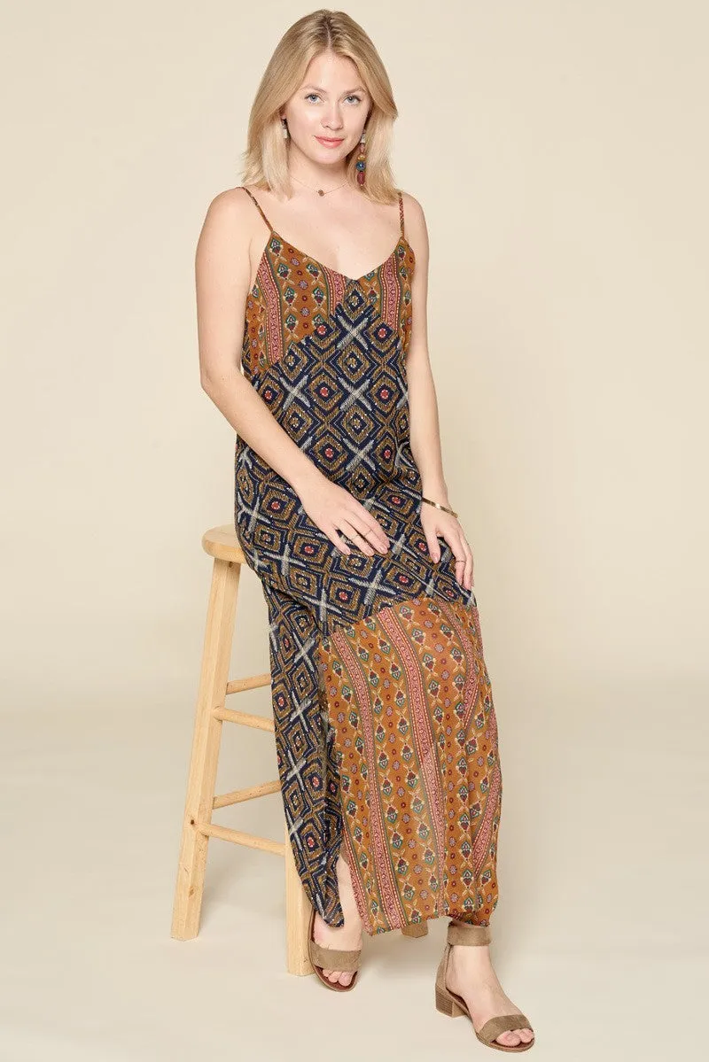 Mustard Mixed Printed Chiffon Maxi Slip Dress