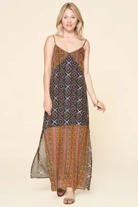 Mustard Mixed Printed Chiffon Maxi Slip Dress