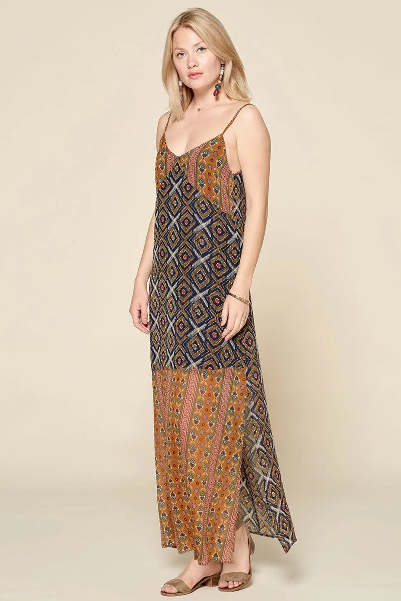 Mustard Mixed Printed Chiffon Maxi Slip Dress