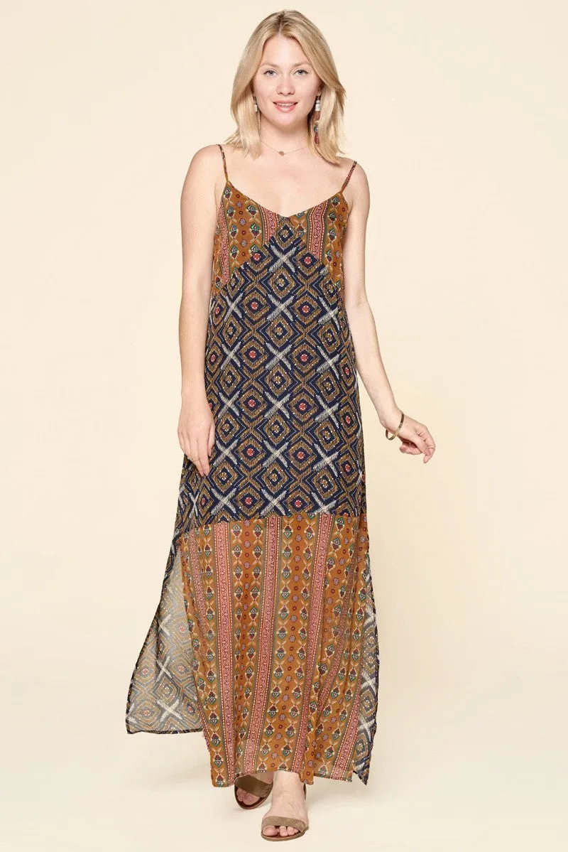 Mustard Mixed Printed Chiffon Maxi Slip Dress