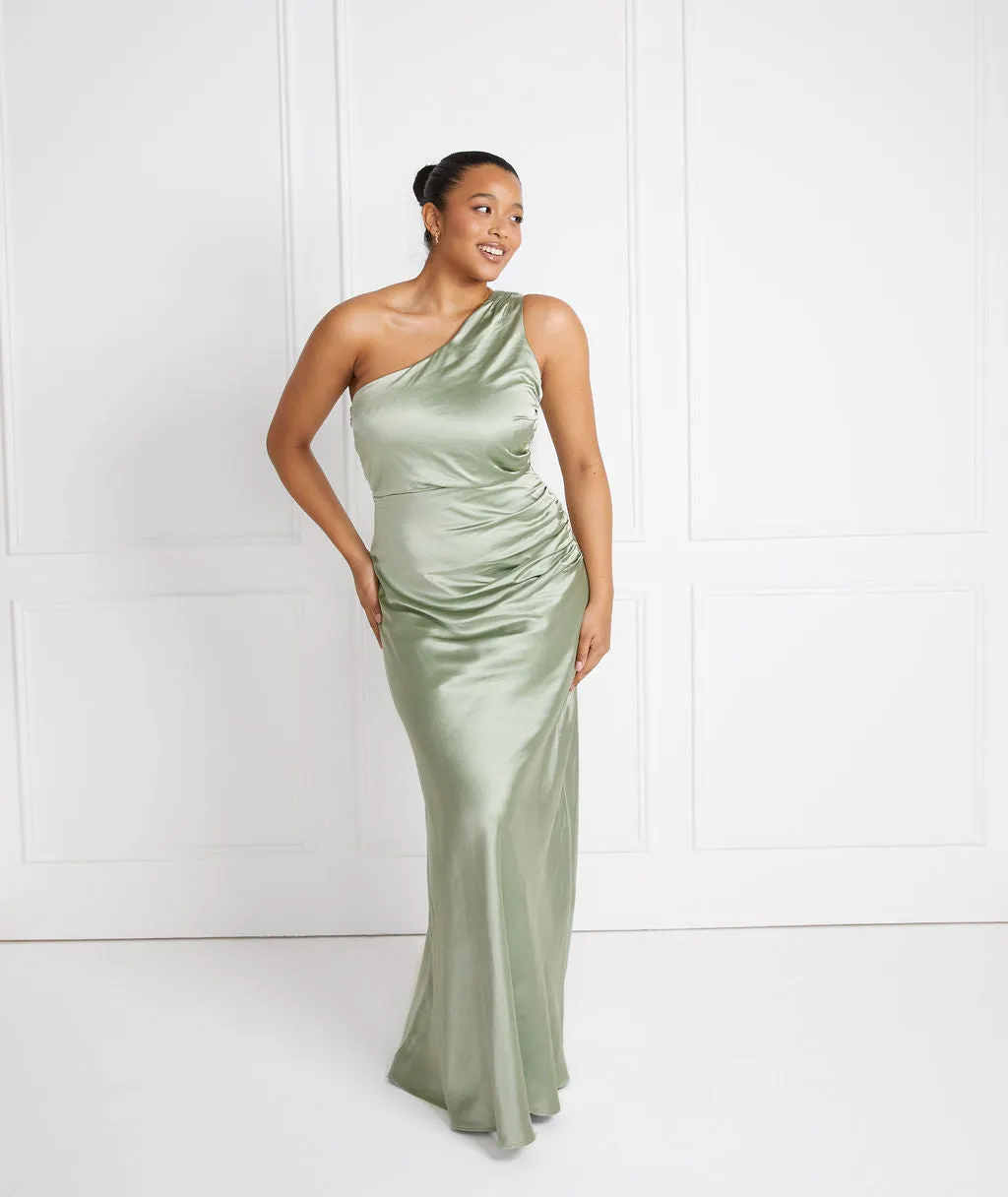 One Shoulder Satin Ruched Bridesmaid Dress - Sage