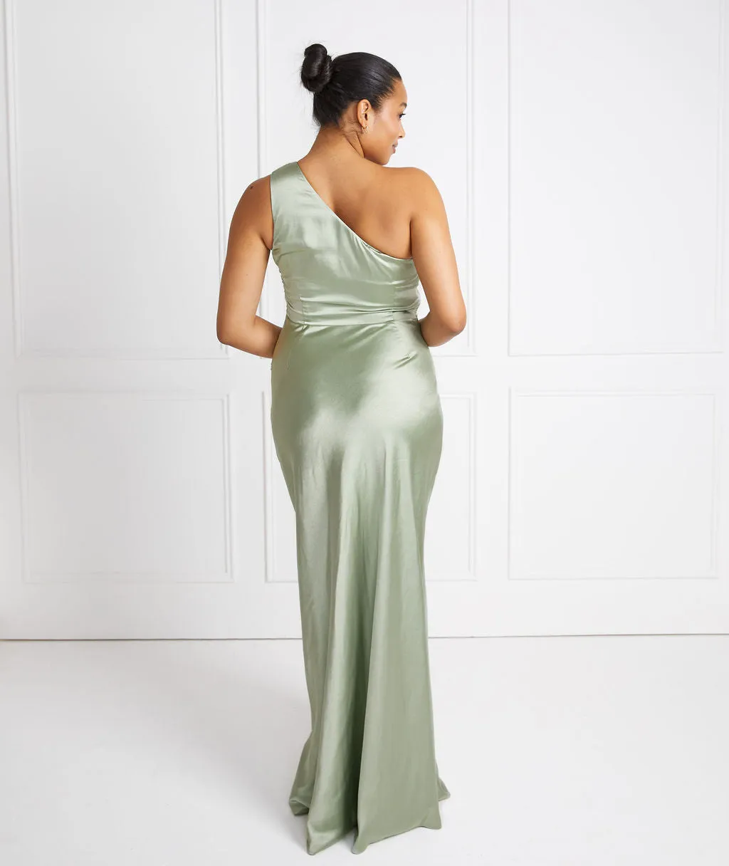 One Shoulder Satin Ruched Bridesmaid Dress - Sage